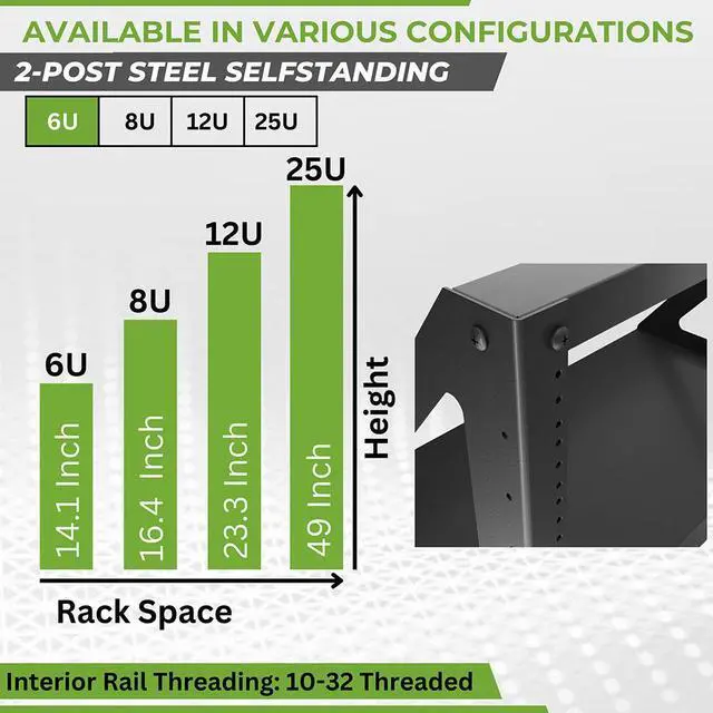 Alt view image 3 of 4 - NavePoint 6U 2-Post Open Frame Desk Rack Threaded Heavy Duty