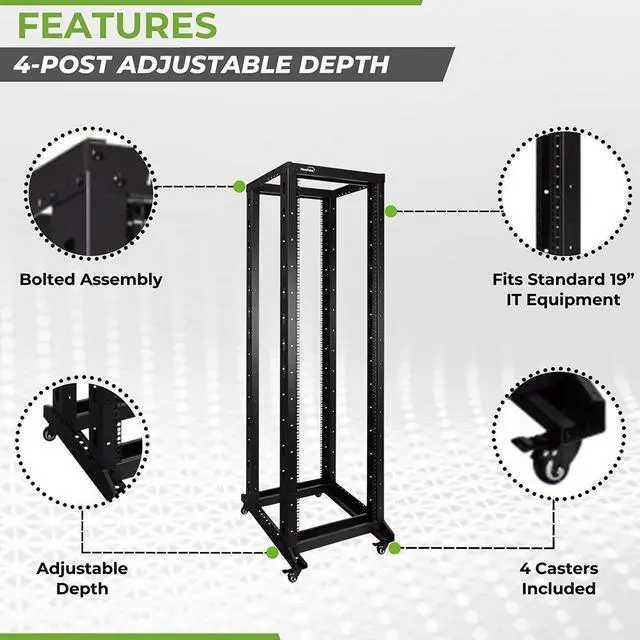 Alt view image 2 of 4 - NavePoint 42U Professional 4-Post IT Open Frame Server Network Relay Rack 800mm Casters Black