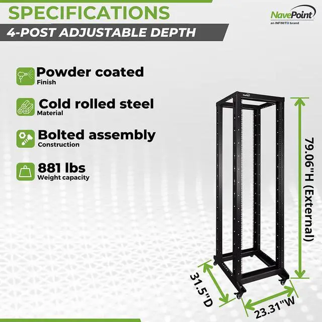 Alt view image 4 of 4 - NavePoint 42U Professional 4-Post IT Open Frame Server Network Relay Rack 800mm Casters Black