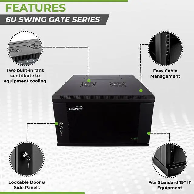 Alt view image 3 of 4 - Navepoint 6U Double Section Hinged Swing-Out Network Cabinet Lock