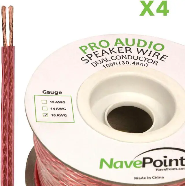 Main image of NavePoint 100ft In Wall Audio Speaker Cable Wire CL2 16/2 AWG Gauge 2 Conductor Bulk X 4