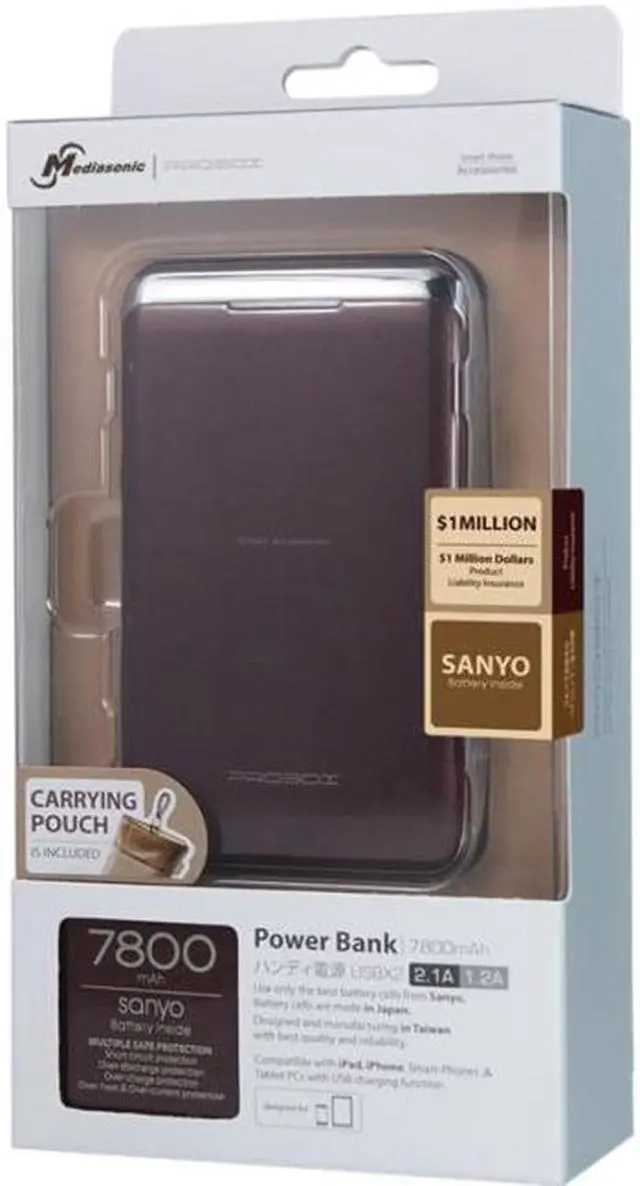 Alt view image 4 of 4 - Mediasonic HE1-78U2-BR 7800mAh Power Bank With Orginial Sanyo Japanese Battery Cell 2.1A/1.2A Dual Port Brown