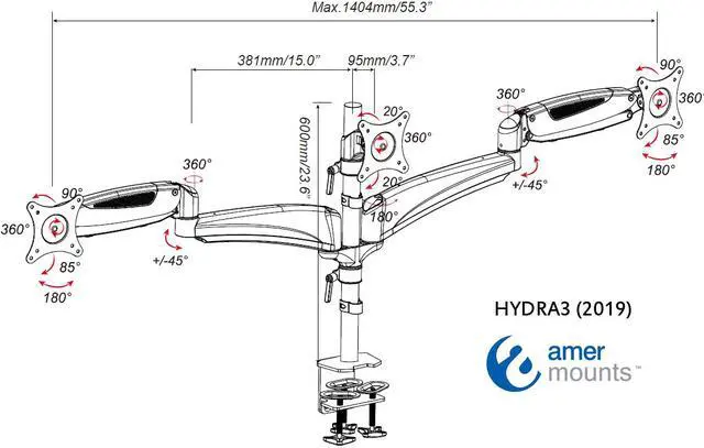 Alt view image 2 of 5 - Amer Mounts Triple Articulating Monitor Mount. Supports 3 monitors 15 to 28" each. Spring Loaded arms provide flexibility in movement and monitor orientation.