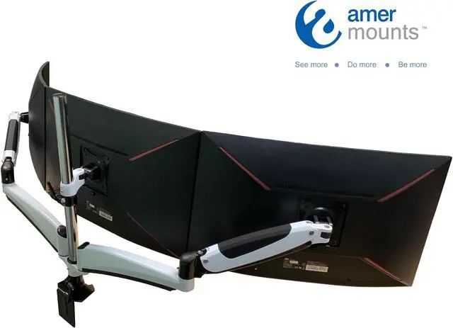 Alt view image 3 of 5 - Amer Mounts Triple Articulating Monitor Mount. Supports 3 monitors 15 to 28" each. Spring Loaded arms provide flexibility in movement and monitor orientation.