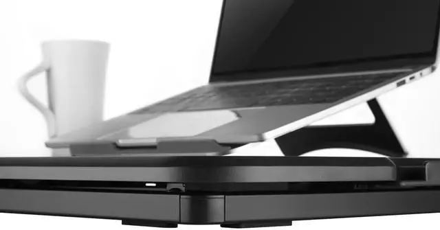 Alt view image 5 of 9 - Amer Mounts EZUP2619 | Ultra-Slim Height Adjustable Sit/Stand Workstation Desk | Black 26.4" Wide Tabletop  | 1.8" Low-Profile Design