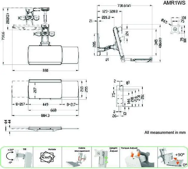 Alt view image 3 of 10 - Amer Networks, Inc Single Arm Wall Mount Workstation