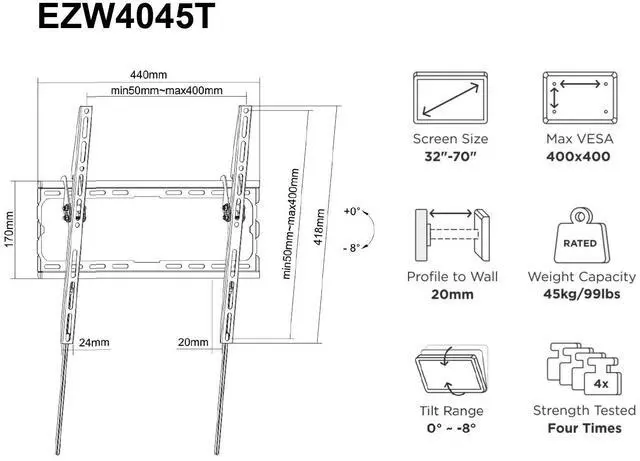 Alt view image 4 of 4 - Amer Mounts TV Wall Mount Bracket for 32"-70" Display up to 400x400 VESA Max. Weight Support 99 lbs - EZW4045T