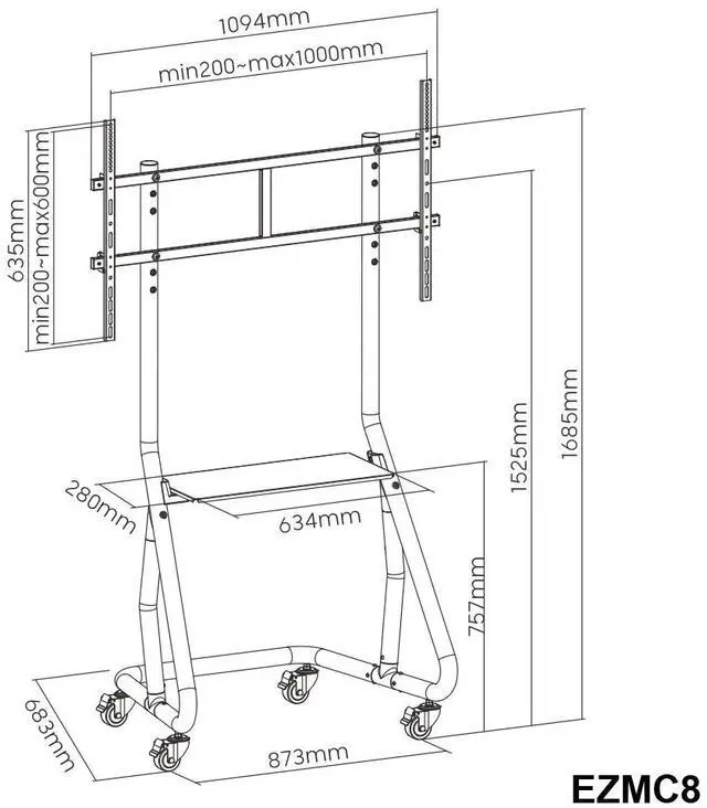 Alt view image 7 of 7 - Amer Mounts TV Stand Display Cart with Wheels Designed for 60-105" Flat, LCD Screens 1000x600mm VESA Max Weight Support 100kg/220lbs - EZMC8