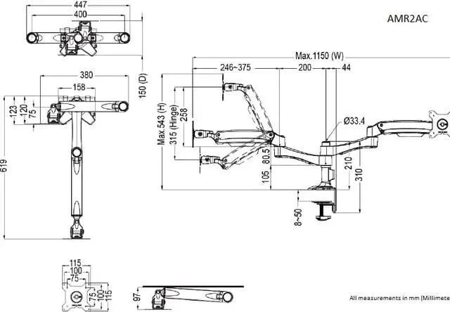 Alt view image 2 of 8 - Amer AMR2AC Articulating Dual Monitor Mount - 15" to 27" Monitors