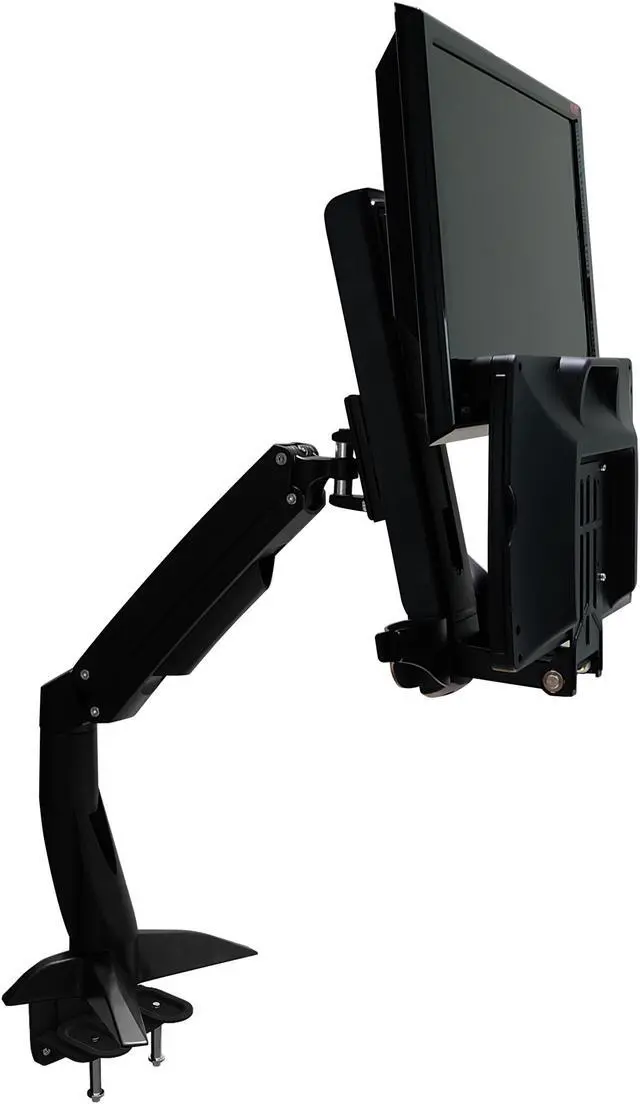 Alt view image 3 of 7 - Amer Mounts Sit Stand Articulating Arm Clamp Mount. Foldable keyboard tray and retractable mouse pad. Built in holders for Mouse and scanner. Separate monitor adjustments. Supports 24" monitors