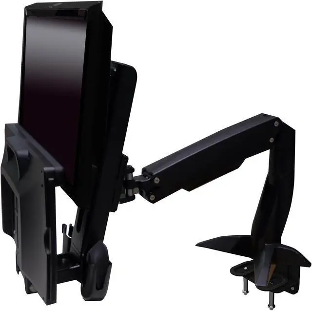 Alt view image 4 of 7 - Amer Mounts Sit Stand Articulating Arm Clamp Mount. Foldable keyboard tray and retractable mouse pad. Built in holders for Mouse and scanner. Separate monitor adjustments. Supports 24" monitors