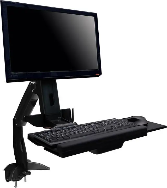 Alt view image 5 of 7 - Amer Mounts Sit Stand Articulating Arm Clamp Mount. Foldable keyboard tray and retractable mouse pad. Built in holders for Mouse and scanner. Separate monitor adjustments. Supports 24" monitors