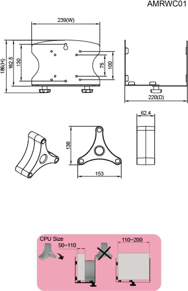 Alt view image 3 of 4 - Amer Networks AMRWC01: CPU Holder - Floor/Wall Mount - Supports Computers up to 40 pounds and a width of 7.87 inches