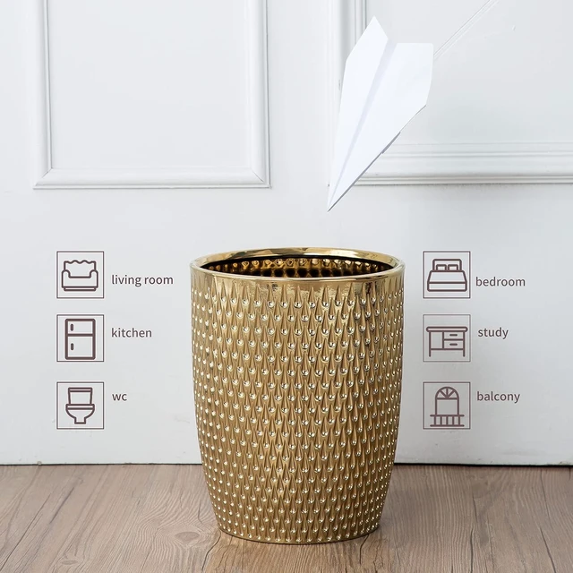 Alt view image 2 of 7 - Modern Golden Small Trash Can Wastebasket, Garbage Container Bin for Bathrooms, Powder Rooms, Kitchens, Home Offices - Durable Ceramics - Round