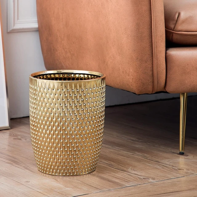 Alt view image 3 of 7 - Modern Golden Small Trash Can Wastebasket, Garbage Container Bin for Bathrooms, Powder Rooms, Kitchens, Home Offices - Durable Ceramics - Round