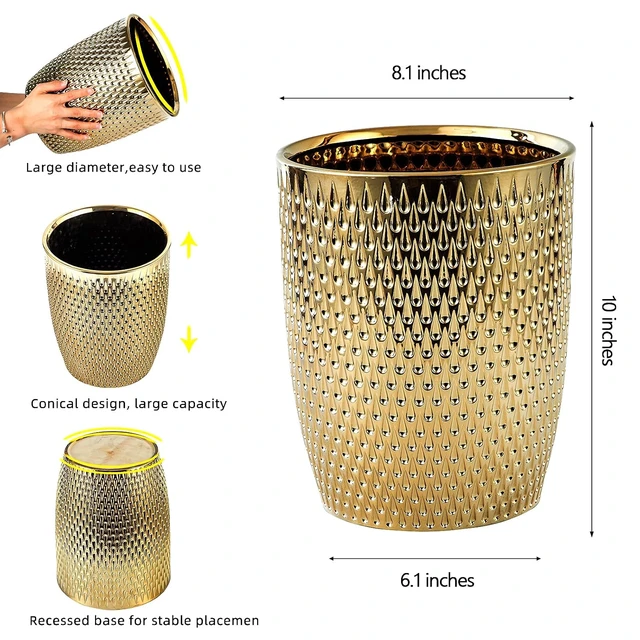 Alt view image 4 of 7 - Modern Golden Small Trash Can Wastebasket, Garbage Container Bin for Bathrooms, Powder Rooms, Kitchens, Home Offices - Durable Ceramics - Round