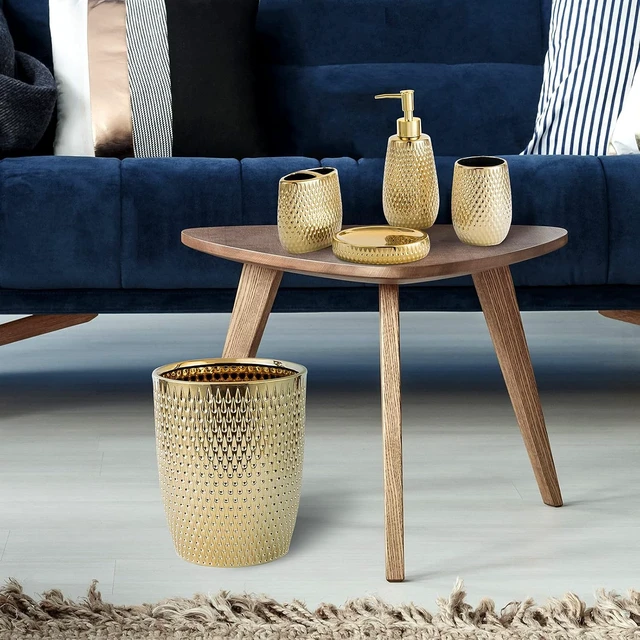 Alt view image 5 of 7 - Modern Golden Small Trash Can Wastebasket, Garbage Container Bin for Bathrooms, Powder Rooms, Kitchens, Home Offices - Durable Ceramics - Round