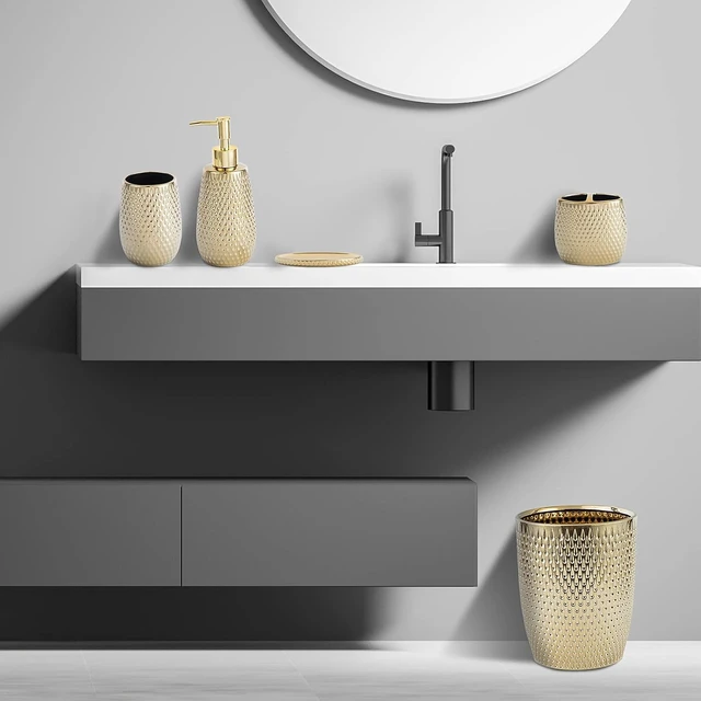 Alt view image 6 of 7 - Modern Golden Small Trash Can Wastebasket, Garbage Container Bin for Bathrooms, Powder Rooms, Kitchens, Home Offices - Durable Ceramics - Round