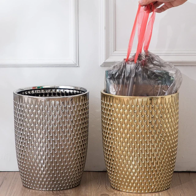 Alt view image 7 of 7 - Modern Golden Small Trash Can Wastebasket, Garbage Container Bin for Bathrooms, Powder Rooms, Kitchens, Home Offices - Durable Ceramics - Round