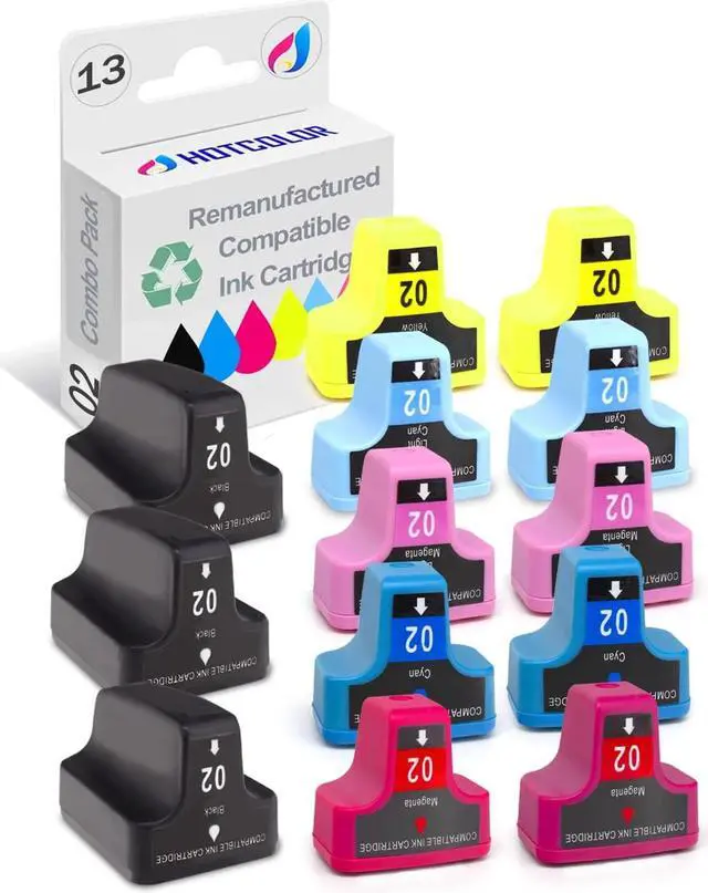 Main image of HOTCOLOR 12 Pack + 1 Black Ink Cartridges  02 HP 02XL Photosmart 3310 C6180 C5280 C6280 Printer