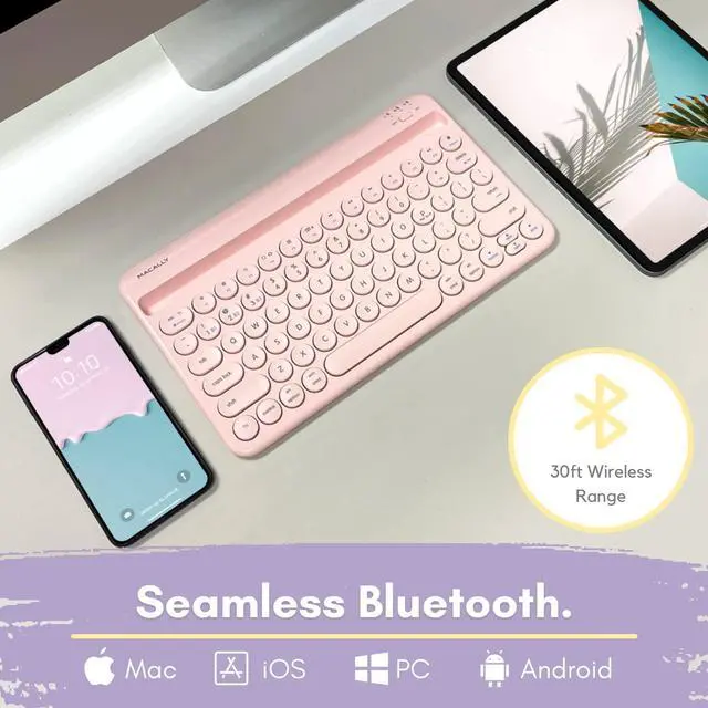 Alt view image 2 of 7 - Macally Small Bluetooth Keyboard for Tablet and Phone - Multi Device Wireless Keyboard for iPhone iPad Android - Rechargeable Bluetooth Tablet Keyboard with Stand - Pink