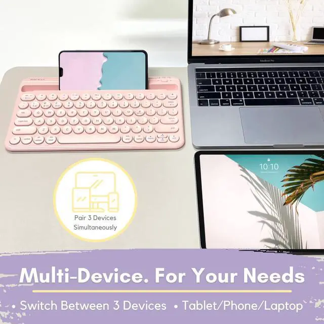 Alt view image 3 of 7 - Macally Small Bluetooth Keyboard for Tablet and Phone - Multi Device Wireless Keyboard for iPhone iPad Android - Rechargeable Bluetooth Tablet Keyboard with Stand - Pink
