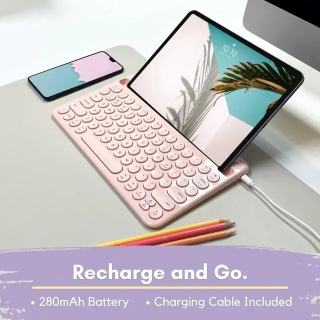Alt view image 6 of 7 - Macally Small Bluetooth Keyboard for Tablet and Phone - Multi Device Wireless Keyboard for iPhone iPad Android - Rechargeable Bluetooth Tablet Keyboard with Stand - Pink
