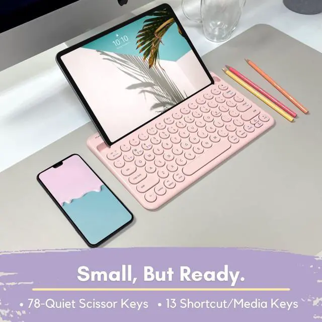 Alt view image 7 of 7 - Macally Small Bluetooth Keyboard for Tablet and Phone - Multi Device Wireless Keyboard for iPhone iPad Android - Rechargeable Bluetooth Tablet Keyboard with Stand - Pink