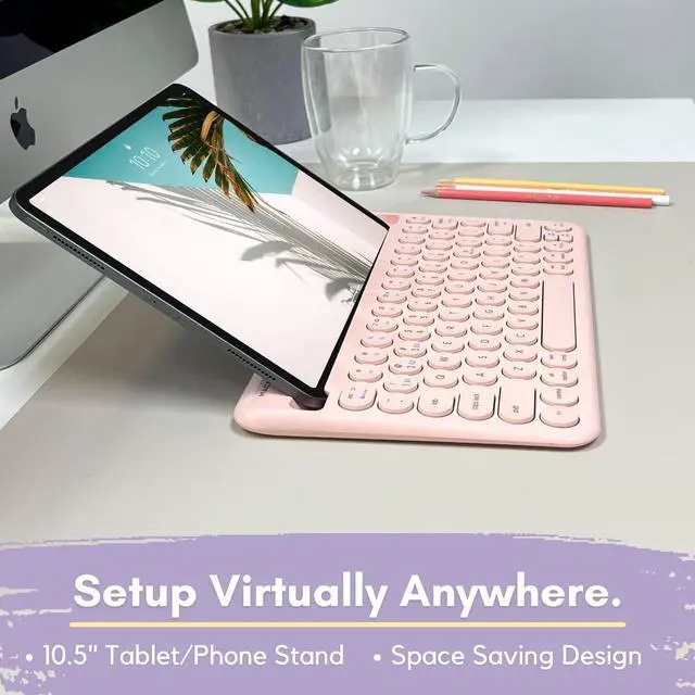 Alt view image 4 of 7 - Macally Small Bluetooth Keyboard for Tablet and Phone - Multi Device Wireless Keyboard for iPhone iPad Android - Rechargeable Bluetooth Tablet Keyboard with Stand - Pink