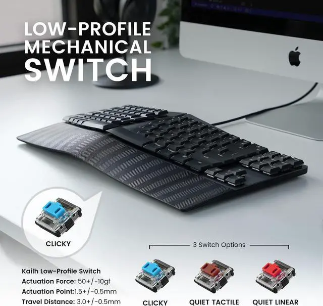 Alt view image 6 of 7 - Perixx PERIBOARD-335BL Wired Ergonomic Mechanical Compact Keyboard - Low-Profile Blue Clicky Switches - Programmable Feature with Macro Keys - Compatible with Windows and Mac OS X - US English