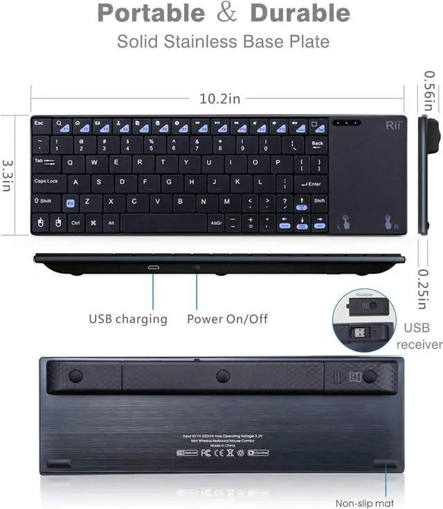 Alt view image 3 of 7 - Rii K12+ Mini Wireless Keyboard with Large Touchpad Mouse&Qwerty Keypad, Stainless Steel Portable Wireless Keyboard with USB Receiver for MacBook/iPad/Tablet/PC/Laptop/Smart TV/Raspberry Pi - Black