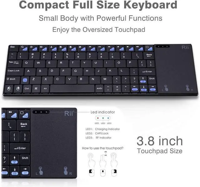 Alt view image 2 of 7 - Rii K12+ Mini Wireless Keyboard with Large Touchpad Mouse&Qwerty Keypad, Stainless Steel Portable Wireless Keyboard with USB Receiver for MacBook/iPad/Tablet/PC/Laptop/Smart TV/Raspberry Pi - Black
