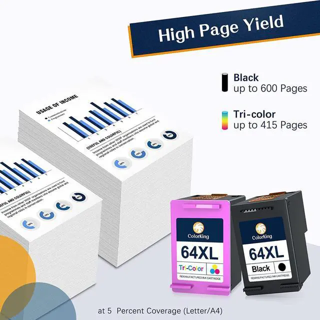 Alt view image 2 of 6 - ColorKing Remanufactured Ink Cartridge Replacement  64XL 64 XL Ink Cartridge  Envy Photo 7855 7858 7155 6255 7164 7864 7158 7160 6252 5542 Printer Ink Cartridges ( 1 Black, 1 Tri-Color )