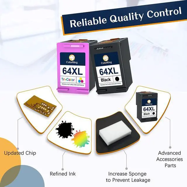 Alt view image 5 of 6 - ColorKing Remanufactured Ink Cartridge Replacement  64XL 64 XL Ink Cartridge  Envy Photo 7855 7858 7155 6255 7164 7864 7158 7160 6252 5542 Printer Ink Cartridges ( 1 Black, 1 Tri-Color )