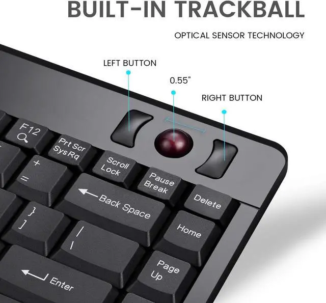 Alt view image 2 of 7 - Perixx Periboard-706 Wireless Trackball Mini Keyboard, Build-in 0.55 Inch Trackball for Pointing Feature, Black, US English Layout