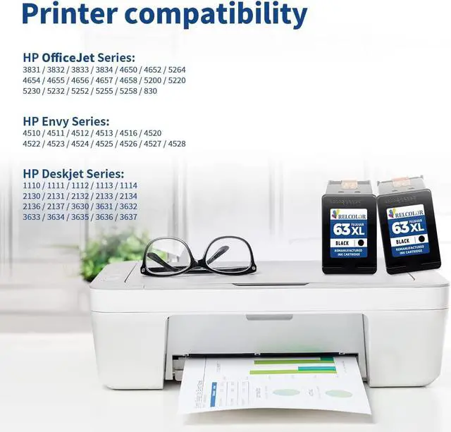 Alt view image 2 of 6 - Relcolor 63XL Black Ink Cartridge Replacement  Ink 63 XL HP63 HP63XL for OfficeJet 3830 4650 4655 5200 5255 5258 Envy 4510 4520 4512 4513 4516 DeskJet 1112 1110 3630 3632 3634 2130 2132 Printer