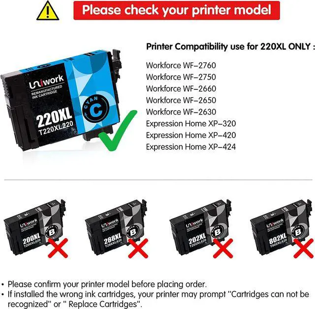 Alt view image 2 of 6 - Uniwork Remanufactured Ink Cartridge Replacement for Epson 220 XL 220XL T220XL use for Workforce WF-2750 WF-2760 WF-2630 WF-2650 WF-2660 XP-320 XP-420 Printer Tray (2 Black 1 Cyan 1 Magenta 1 Yellow)
