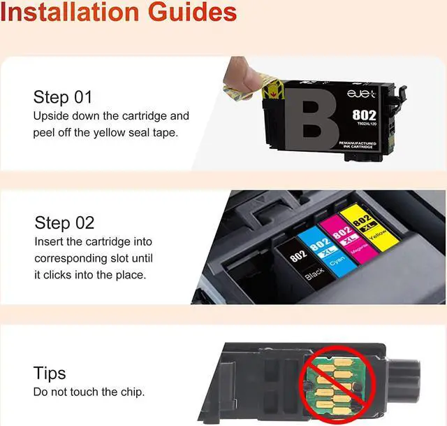 Alt view image 5 of 6 - 802XL Ink Cartridges Remanufactured Replacement  802 T802 802XL Ink Cartridges Combo Pack  WF-4740 WF-4730 WF-4720 WF-4734 EC-4020 EC-4030 (1 Black, 1 Cyan, 1 Magenta, 1 Yellow)
