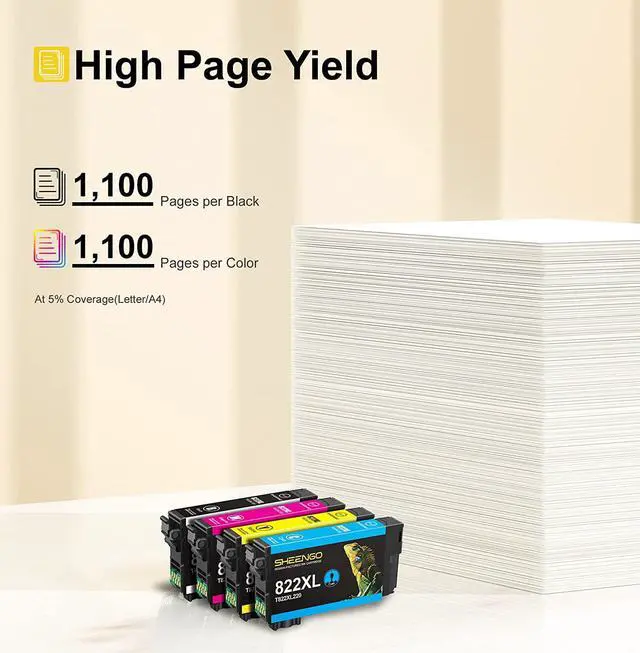 Alt view image 3 of 5 - 822XL Ink Cartridges Remanufactured 822 T822 T822XL 822 XL Ink Cartridges Combo Pack Work Workforce Pro WF-3820 WF-4820 WF-4830 WF-4833 (4 Pack: Black, Cyan, Magenta, Yellow)