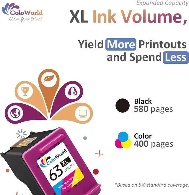Alt view image 3 of 7 - ColoWorld Remanufactured Ink Cartridge Replacement  63XL 63 XL Combo Pack fit for Envy 4520 3634 OfficeJet 3830 5252 4650 5258 5255 DeskJet 3636 3630 1112 3637 Printer (1 Black 1 Color)