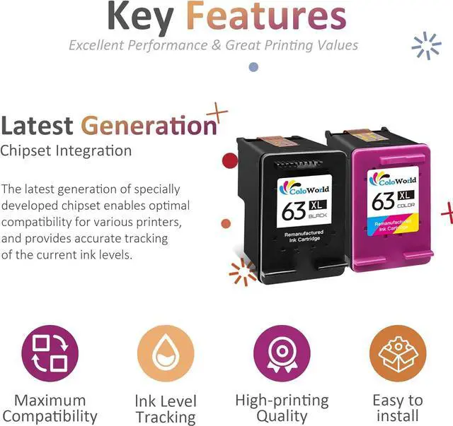Alt view image 4 of 7 - ColoWorld Remanufactured Ink Cartridge Replacement  63XL 63 XL Combo Pack fit for Envy 4520 3634 OfficeJet 3830 5252 4650 5258 5255 DeskJet 3636 3630 1112 3637 Printer (1 Black 1 Color)