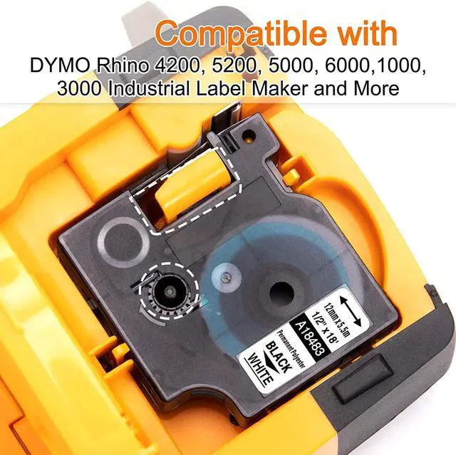 Main image of 12 Pack, Compatible Label Tape Replacement for Dymo Rhino 5200 Dymo Rhino 4200 Label Tape and More, Permanent Polyester 3/8 Inch 1/2 Inch 3/4 Inch9mm 12mm 19mm Label Tape, Black on White