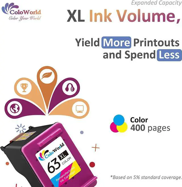 Alt view image 3 of 7 - ColoWorld Remanufactured Ink Cartridge Replacement  63XL 63 XL fit for Envy 4520 3634 for OfficeJet 3830 3831 5252 4650 5258 5255 for DeskJet 3636 3630 1112 1110 3637 3639 Printer (2 Color)