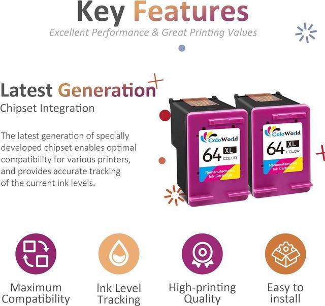 Alt view image 4 of 7 - ColoWorld  64XL Color Ink Cartridges, 64 64XL Color Ink Cartridge  Printer, Compatible for Envy Photo 7855 7155 7858 6255 7164 6222 6230 7830 7864, Inspire 7255e 7955e 7900e, Tango Printer