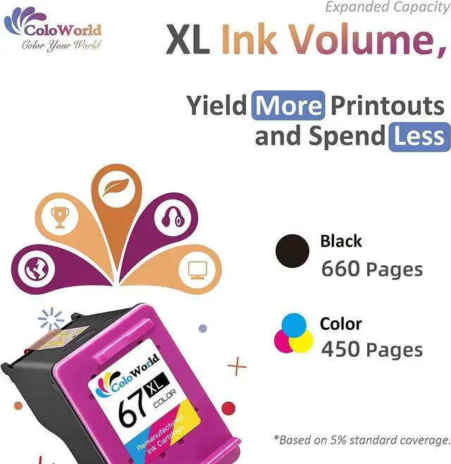 Alt view image 5 of 7 - ColoWorld  67XL Ink Cartridges Black/Color Combo Pack, 67XL  Printer Ink  Ink 67 67, Compatible for DeskJet 4155e 2755e 2700 4100 2752e Envy 6000 6055e 6400 6455e 6458e Printer