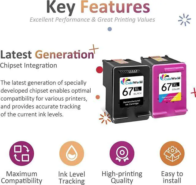 Alt view image 7 of 7 - ColoWorld  67XL Ink Cartridges Black/Color Combo Pack, 67XL  Printer Ink  Ink 67 67, Compatible for DeskJet 4155e 2755e 2700 4100 2752e Envy 6000 6055e 6400 6455e 6458e Printer