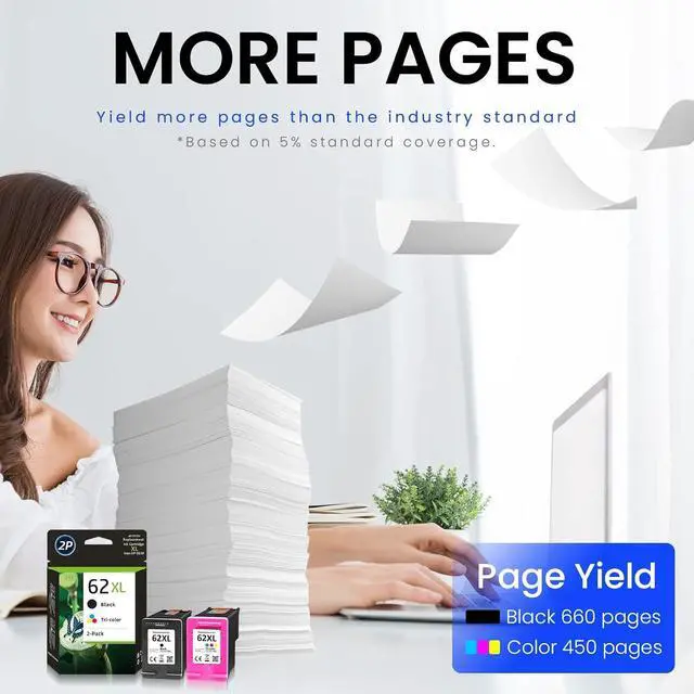 Alt view image 2 of 7 - 62XL Black/Tri-Color Ink Cartridges Replacement  62 Ink 62XL Combo (2 Pack) for Envy 5640 5660 5540 7640 5661 5542 5642 5643 5661 7645, for OfficeJet 200 250 5740 5741 5745 5746 Printer
