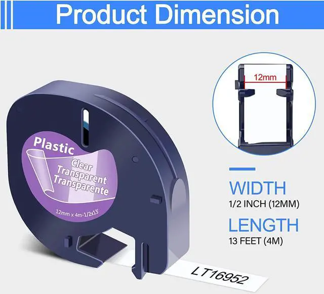 Alt view image 3 of 7 - 40 Pack Compatible for Dymo LetraTag Refills 16952 12267 16951 12268 S0721530 Clear Plastic Label Tape 1/2'' 12mm x 4m for Letra Tag LT100H LT100T QX50 Label Maker Black on Clear Tape