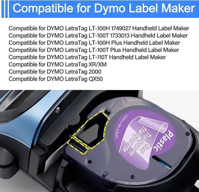 Alt view image 5 of 7 - 40 Pack Compatible for Dymo LetraTag Refills 16952 12267 16951 12268 S0721530 Clear Plastic Label Tape 1/2'' 12mm x 4m for Letra Tag LT100H LT100T QX50 Label Maker Black on Clear Tape