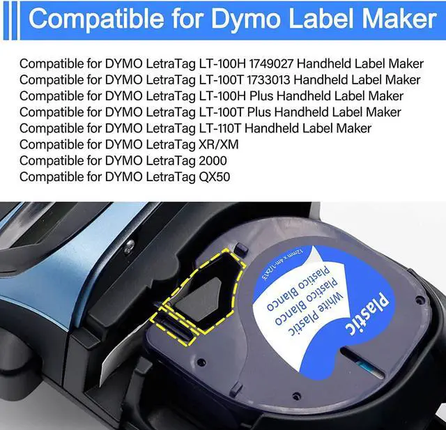 Alt view image 5 of 7 - 40 Pack Compatible for Dymo LetraTag Refills 91331 91201 91221 59422 S0721660 White Plastic Label Tape 1/2'' 12mm x 4m for Letra Tag LT100H LT100T QX50 Label Maker Black on White Tape